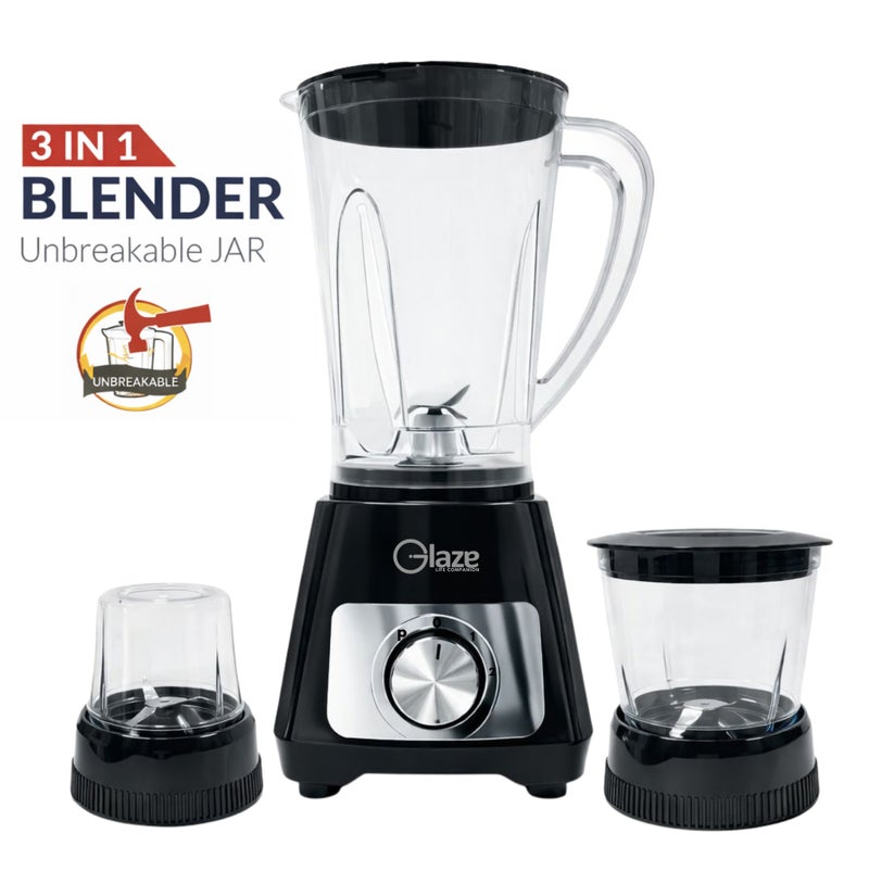 جليز خلاط كهربائي 3 في 1 بقوة 600 واط مع مطحنة ومفرمة، سعة 1.6 لتر بوعاء غير قابل للكسر، تحكم متعدد السرعات، شفرات من الستانلس ستيل، خلاط عصائر ومحضر طعام - Image 1